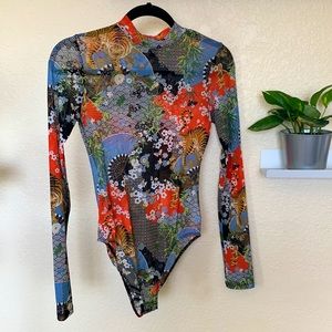Forever 21 Print Mesh Longsleeve Leotard Size S